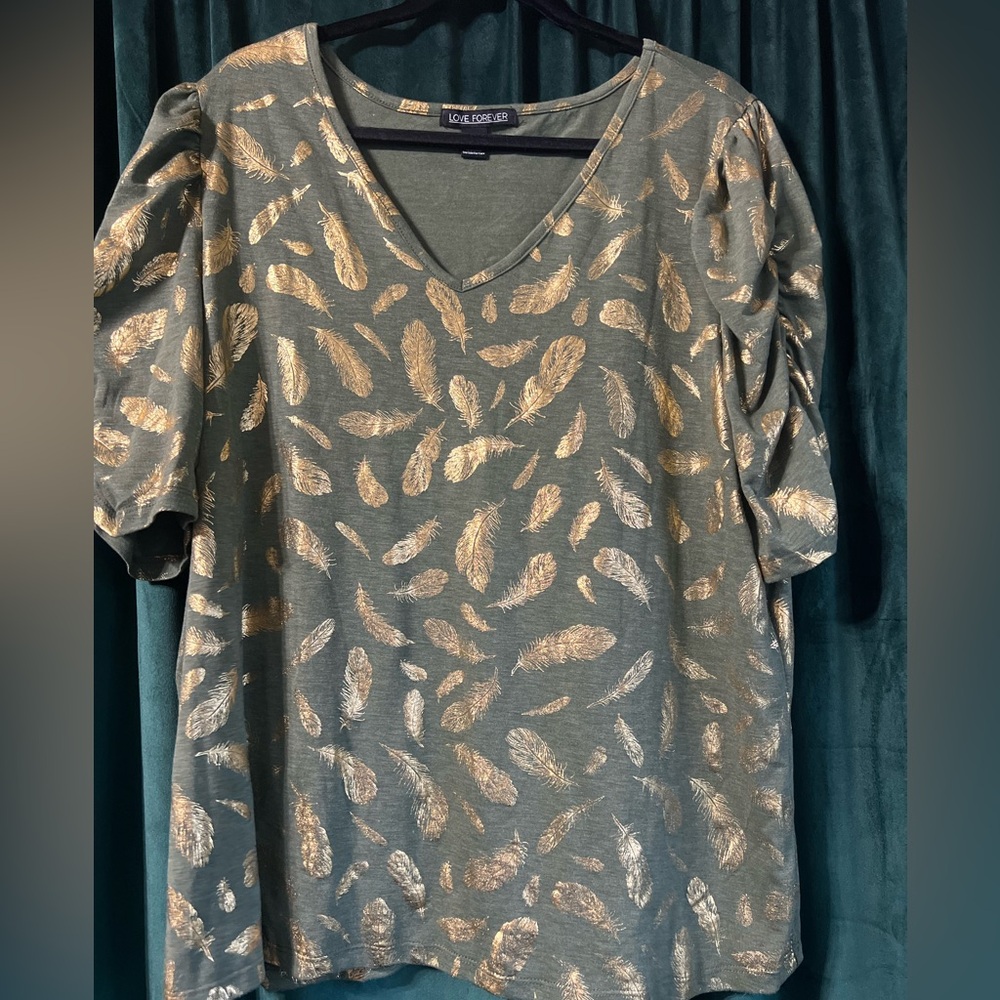 Love Forever Feather Print Blouse with Ruched Sleeves